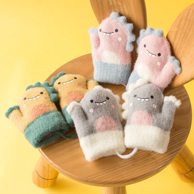 Thicken Woolen Baby Fingerless Gloves Cartoon Dinosaur Kids Mittens 1-4year Boy Girl Kids Hanging Neck Gloves Winter Hand Warmer
