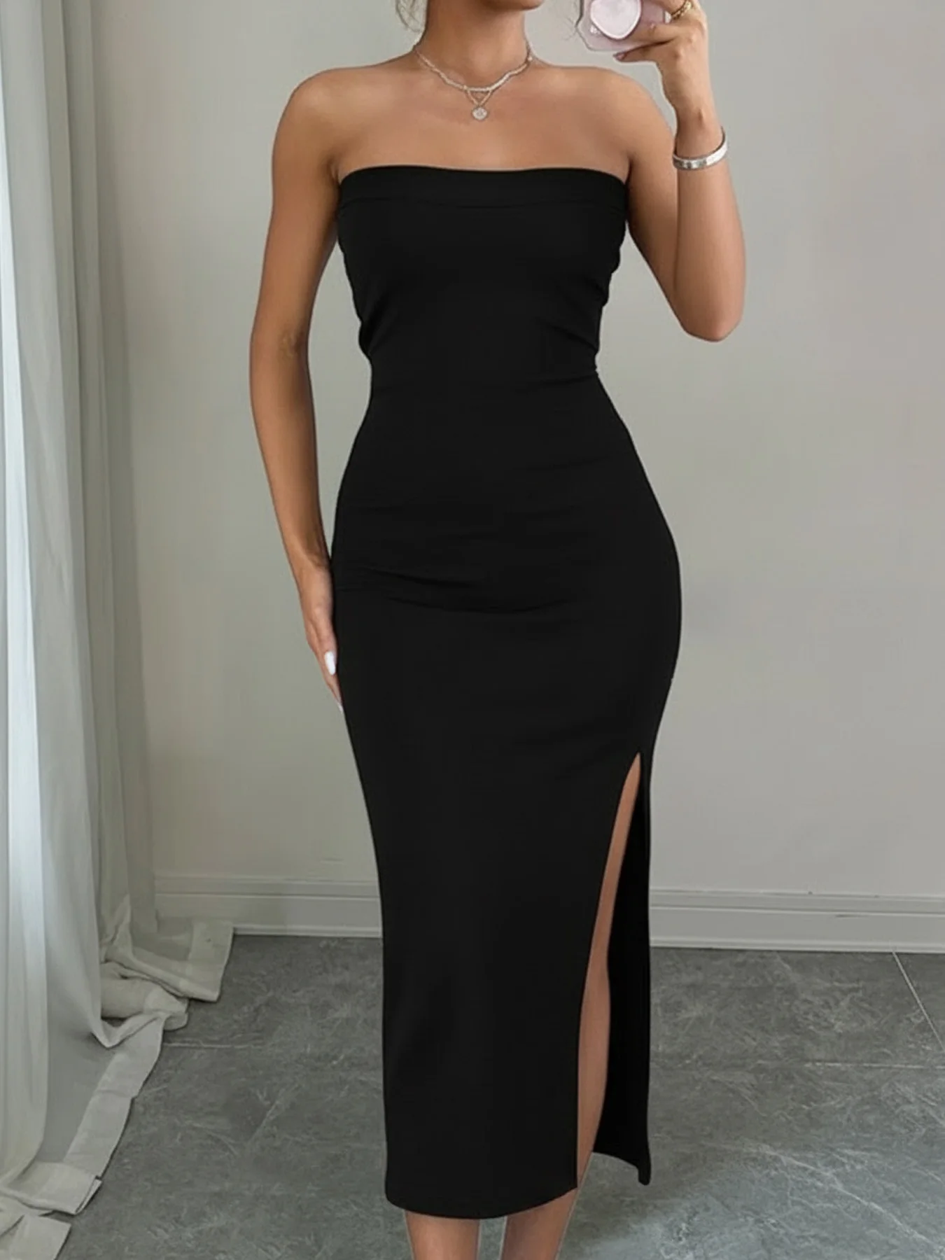 فستان حفلات نسائي من قطعة واحدة، فستان متوسط الطول محبوك مضلع بدون حمالات، فستان رسمي خفيف محبوك مشهور على الإنترنت