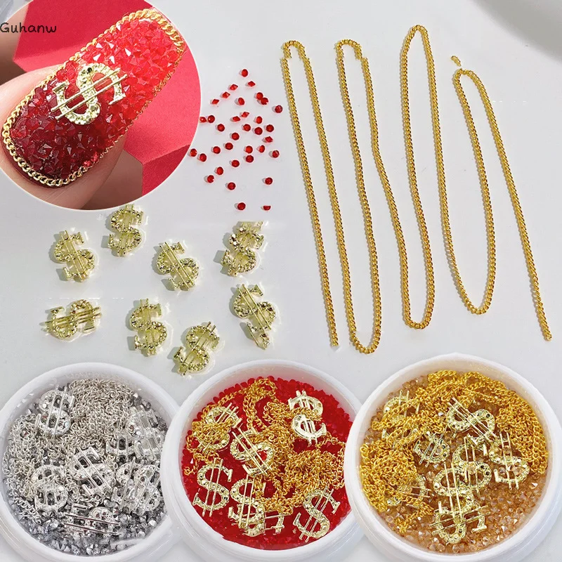 

Mix Sparkle Mini Diamonds Money Dollar Sign Chain Nail Rhinestones Decorations Manicure New Year Gold Silver Red Festive Charms