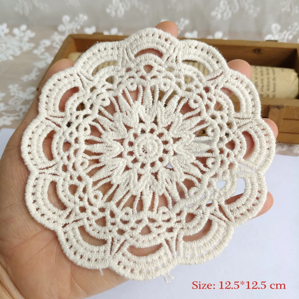 Beige Cotton Embroidery Lace Applique Patches Cloth Stick Mesh Fabric Children\'s Clothing Home Decor Sewing Accessories 24100901