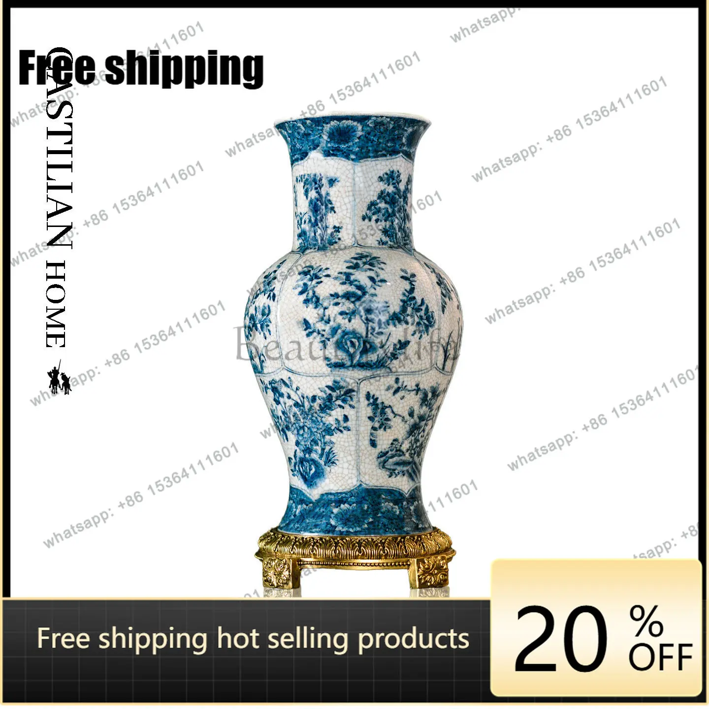 HOT New Chinese blue and white porcelain vase ornament light luxury high-end decoration C5906