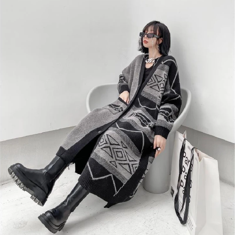 Cárdigan de punto coreano de gran tamaño para mujer, suéter grueso y cálido, longitud media, Tops sueltos, manga larga, prendas de punto Vintage,