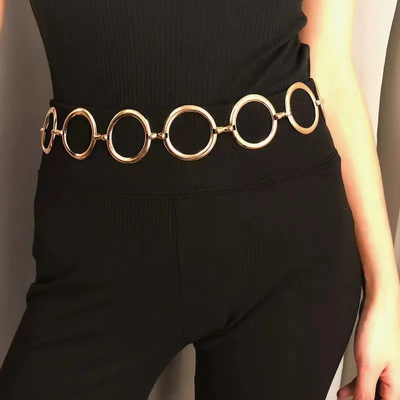 New Metal Round Chain Belt For Women Gold Silver Circle Waist Chain Female Girl Adjustable Thin Waistband Dress Accessories