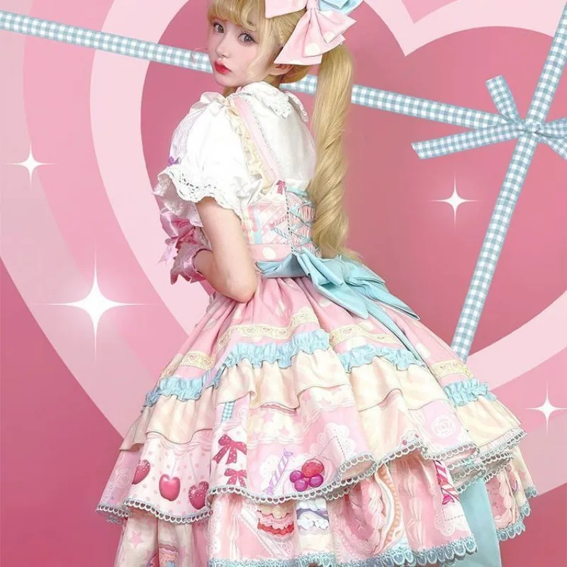 Hotsale القوس الكرتون طباعة جرلي Kawaii فساتين حفلة الأميرة بلا أكمام Harajuku اليابانية الحلو لوليتا Jsk فستان المرأة 2025 جديد