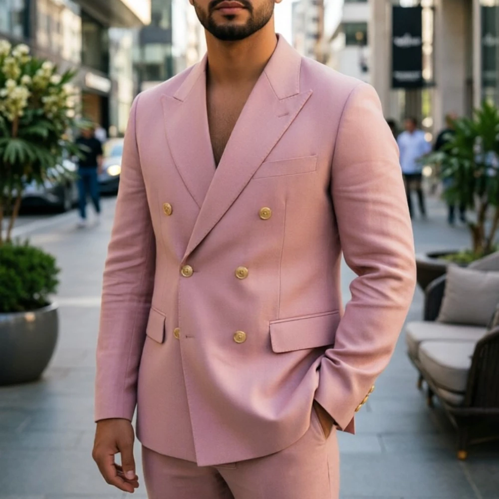

Pink Double Breasted Men Suits Wedding Tuxedo Men Chic Gold Metal Button Stylish Slim Fit Blazer with Pants 2 Pieces Custom Made