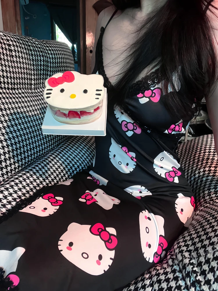 2024 New Sanrio Hello Kitty Ladies Pajamas Slip Dress Anime Sanrio Cartoon Cute Sweet Cotton Pajamas Thin Home Wear Sexy Strap