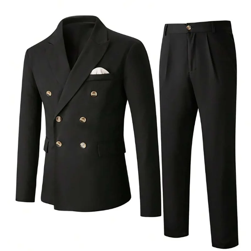 High Quality Black Men Suit Double Breasted Peaked Lapel Formal Wedding Tuxedo Slim Fit 2 Piece Suit Jacket Pants Costume Homme
