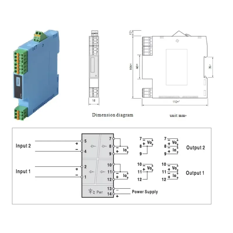 T6053 High Quality Electrical Equipment 1 Input 2 Output Isolator Signal Transmitter 0-5VDC 4-20ma DC Signal Isolation Input