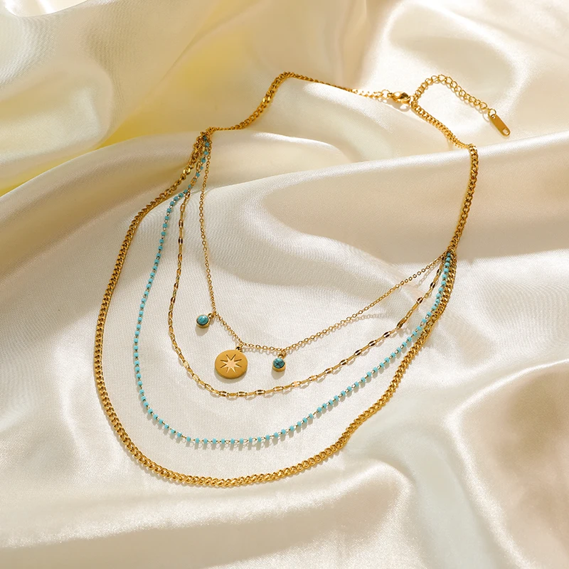 EILIECK 316L Stainless Steel Gold Color 4-Layer Chains Blue Stone Eyes Necklaces For Women Vintage Ladies Neck Jewelry Gifts