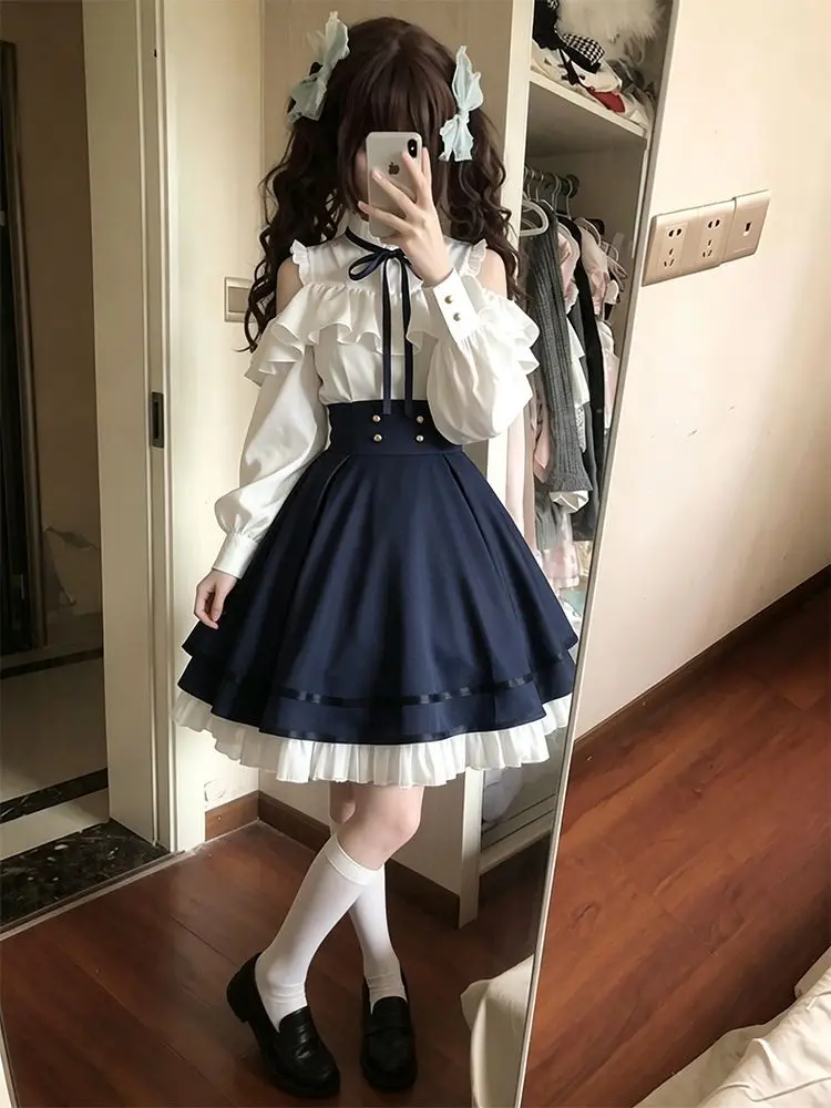 Classic Lolita 2 Piece Skirt Set Women White Ruffle Blouse Navy High Waist A Line Midi Skirt Bow Lace Vintage Tea Party Outfit image 3