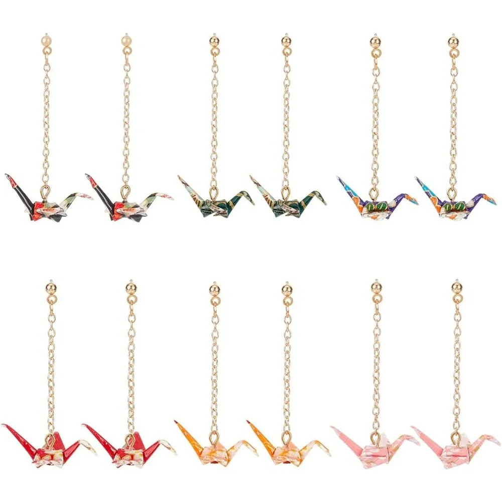 6 Pairs Origami Earrings Good Luck Paper Crane Dangle Origami Tassel Cute Bird Handmade Drop