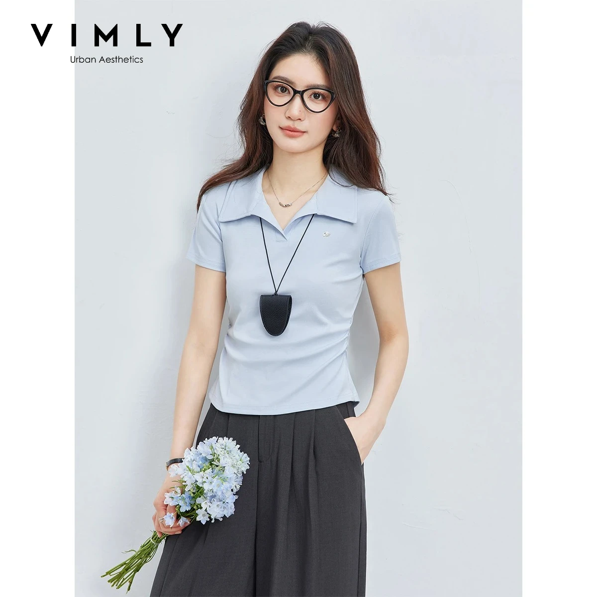 VIMLY Casual Commute Fitted Polo Collar T-Shirt 2026 Summer Blue Cotton Short Sleeve Tee Minimalist Versatile Everyday Top 30913
