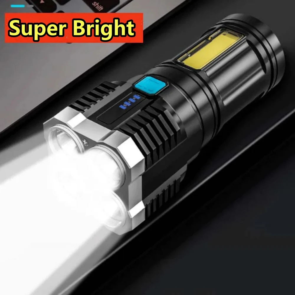 Super Bright Flashlight 4 LED Heads Torches Portable Camping Light USB Rechargeable with Power Display and COB Side Floodlights