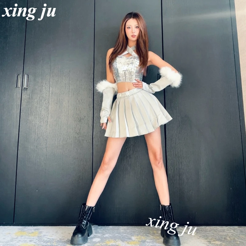 Nowa Kobieta Piosenkarka Kpop Fioletowe Cekiny Top na Ramiączkach Obcisła Plisowana Spódnica Strój Sceniczny Ubrania do Tańca Jazzowego Kostium dla Dziewczyny Tancerki Hip Hop