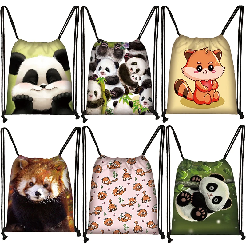 Cartoon Red Panda Print Backpack Kawaii Panda Drawstring Bags for Travel Teenager Daypack Storage Bag for Travel Shoes Holder