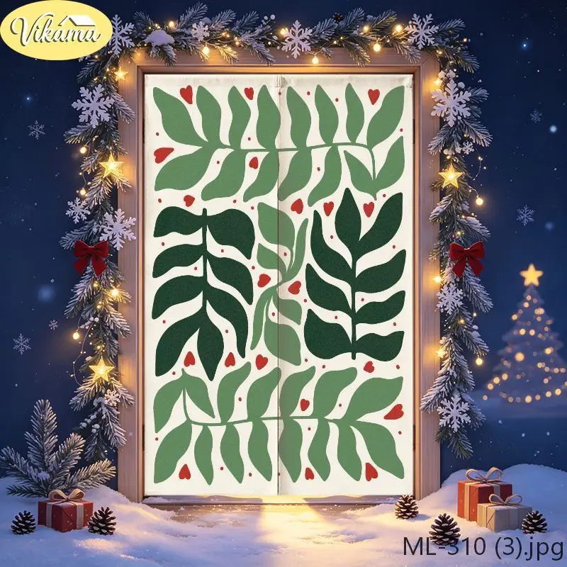 VIKAMA Christmas Door Curtain Snowman Red Scarf Christmas Tree Balls Door Hanging Kitchen Bedroom Home Holiday Xmas Decor