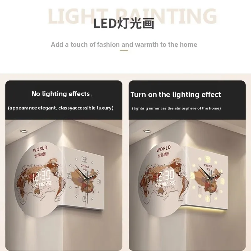 World Map Corner Wall Clock Nordic Double-Sided Digital Clock Perpetual Calendar Mural Villa LED Silent Quartz Clock Home Decor