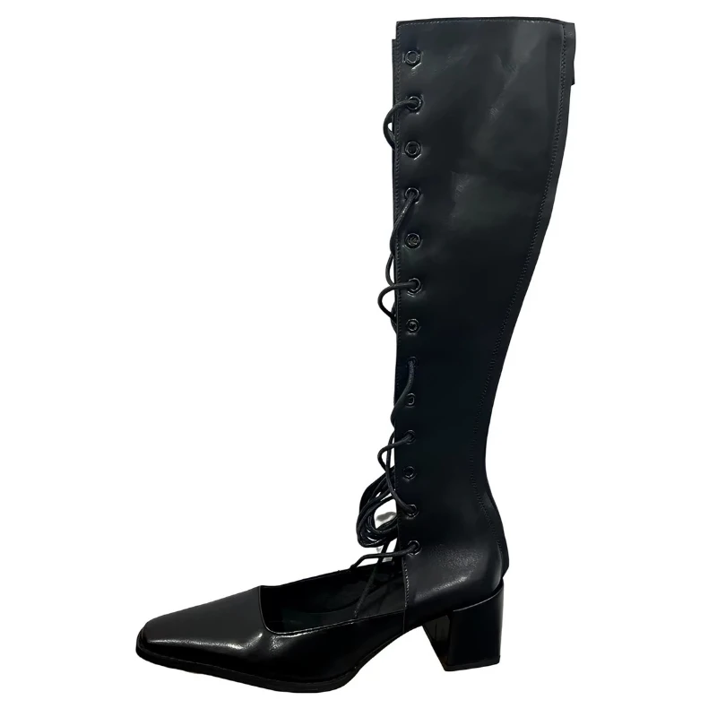 Women Hollow Mesh Long Knight Boots Summer Trend Light Thin Breathable Fabric Front Tie Design Comfort Thick Heel Street Outfit image 4