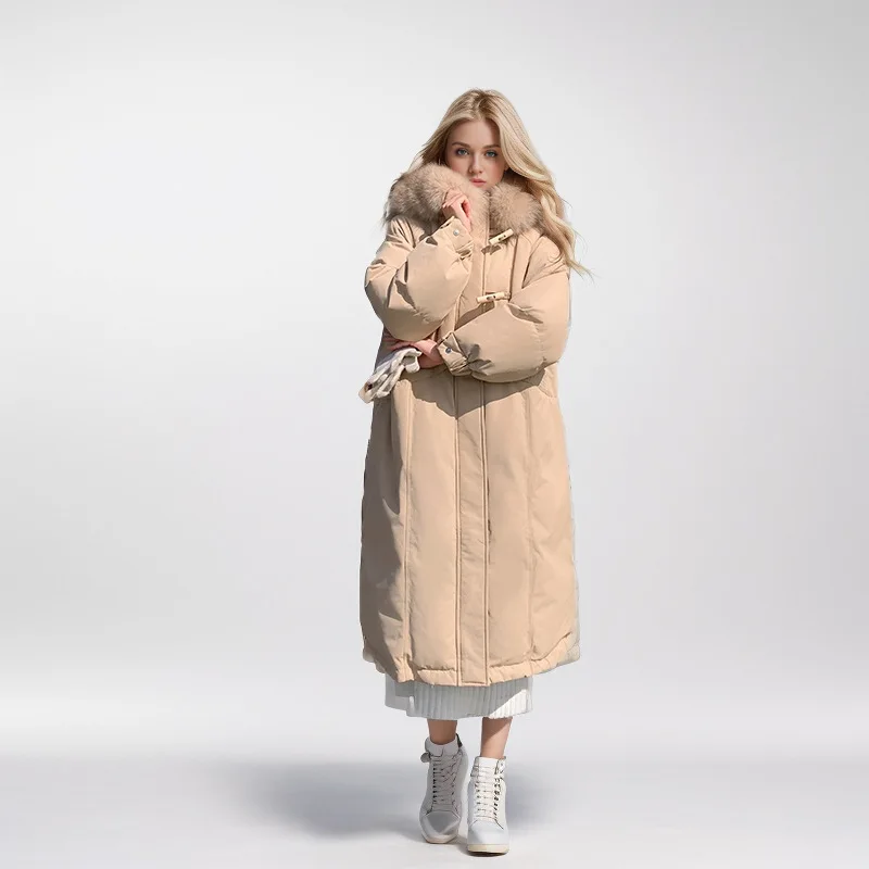 

Women's Corner Button down Cotton-Padded Jacket Mid-Length Thickened Winter Outerwear with Large Wool Collar