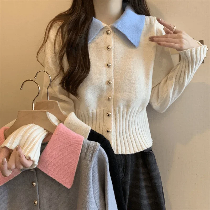 

Autumn Winter New Style Fashion Body Shaping Korean Color Block Neck Knitted Cardigan Women's Slim Fit Short Sweater
