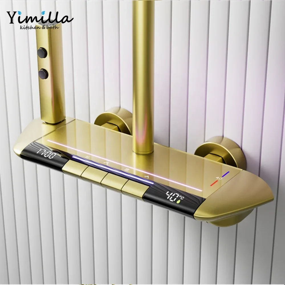 Modern Luxury Brass Shower Set Gun Grey  Massage Brushed Gold Digital LED Light Bathroom Shower Set with Cold and Hot Water