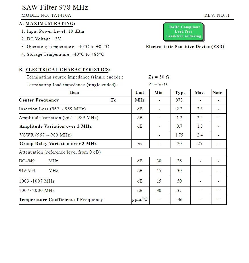 (10PCS) TA1410A 코드 C6 새로운 오리지널 978MHz 패키지 SMD SAW 필터 재고 있음