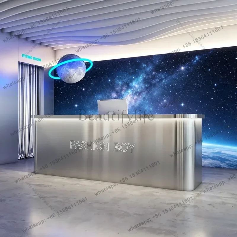 LSModern Stainless Steel Front Desk Nordic Barber Shop Dance Studio Cashier Desks Premium Bar Counter Office Furniture FYRD