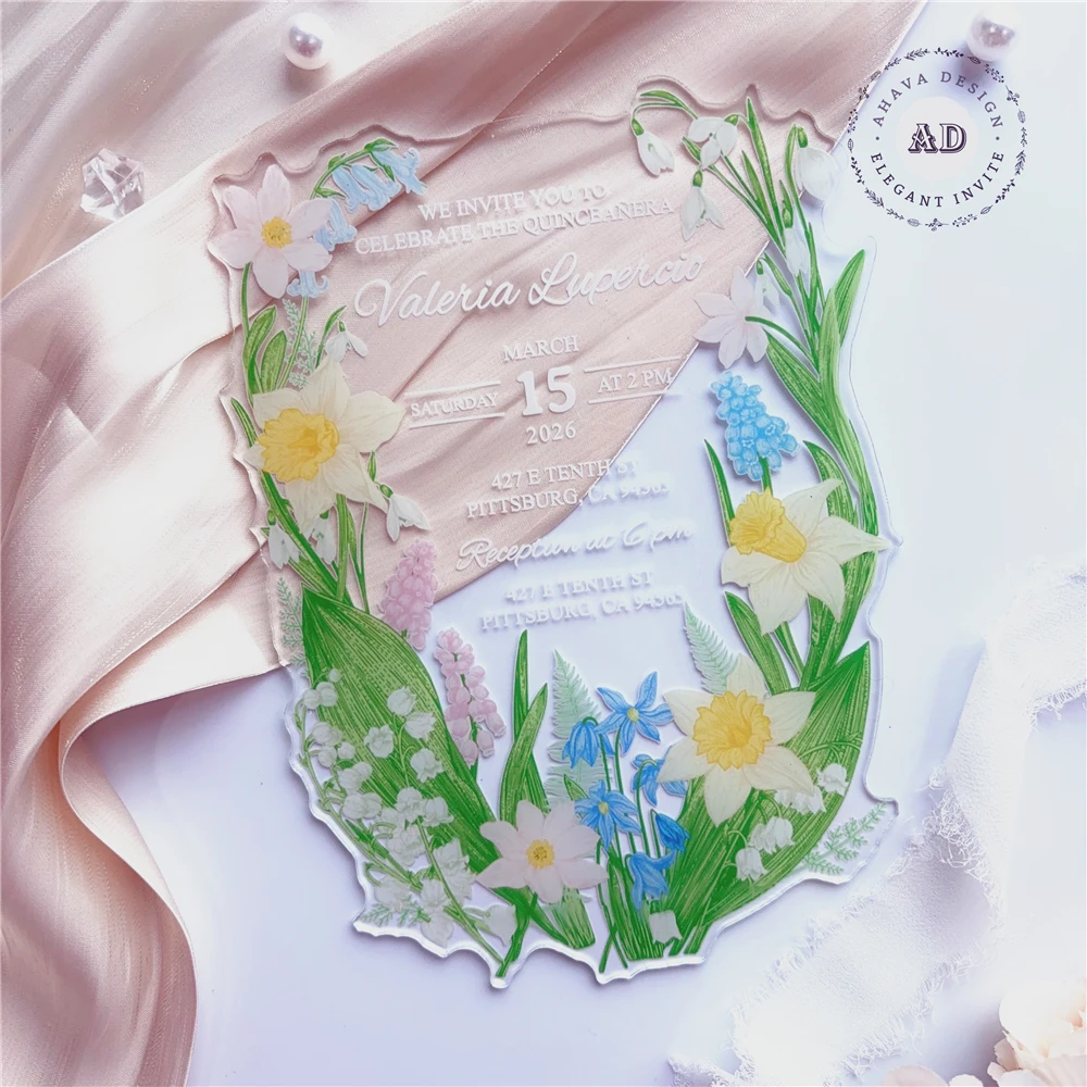 

Spring Green Floral Acrylic Quinceañera Invitation, Personalize Your Elegant Sweet 15 Acrylic {Free Preview Available}