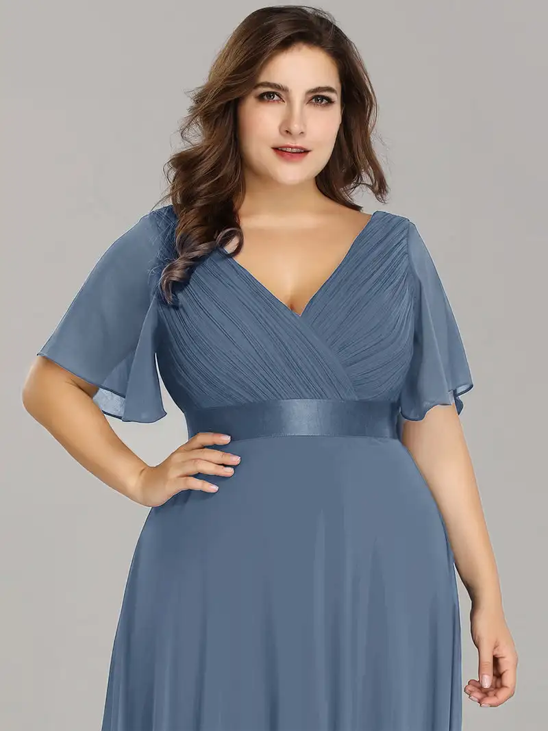 Vestidos de Noche de talla grande, vestido largo de corte A con doble cuello en V y volantes, vestido de dama de honor azul marino polvoriento de gasa para mujer 2025