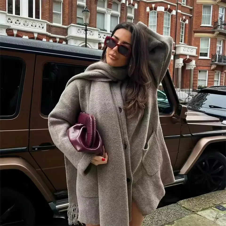 

Женский вязаный кардиган с шарфом, тонкая повседневная куртка, лоскутная куртка с длинными рукавами и карманами, элегантный офисный женский свитер, пальто