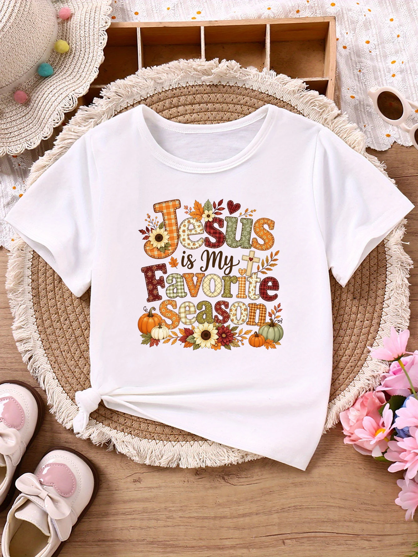 Jesus Is My Favorite Season Pumpkin Flowers Printed T Shirt Girls/Boys Thanksgiving Gift T-Shirt Funny Kids Clothes
