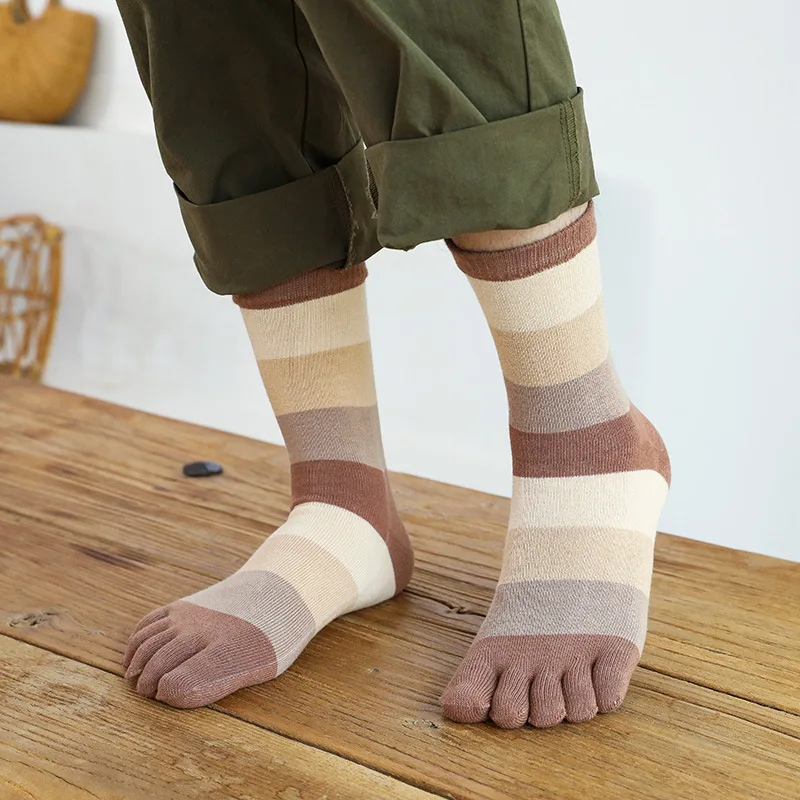 Chaussettes en coton peigné à 5 doigts pour hommes, quatre saisons, absorbant la transpiration, rayé, jeune, mode, robe de soirée, longue, Parker,