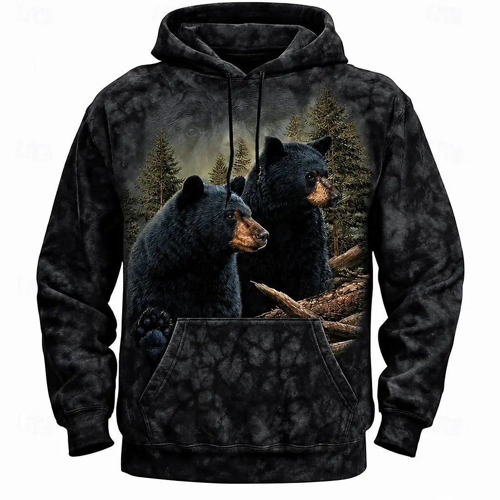 Men's Black Bear Forest Scenery Tie‑Dye Full Print Hoodie Long Sleeve Pullover Sweatshirt For Wildlife Outdoor Wear