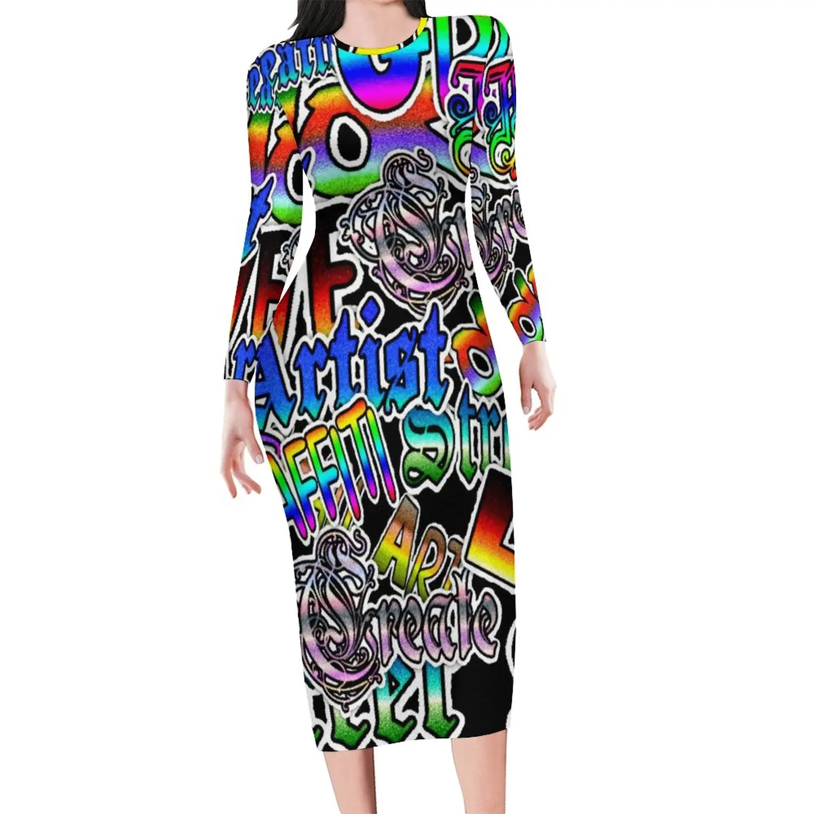 Colorful Word Graffiti Bodycon Dress Woman Letter Art Print Dresses Autumn Long Sleeve Streetwear Graphic Dress Big Size 4XL 5XL