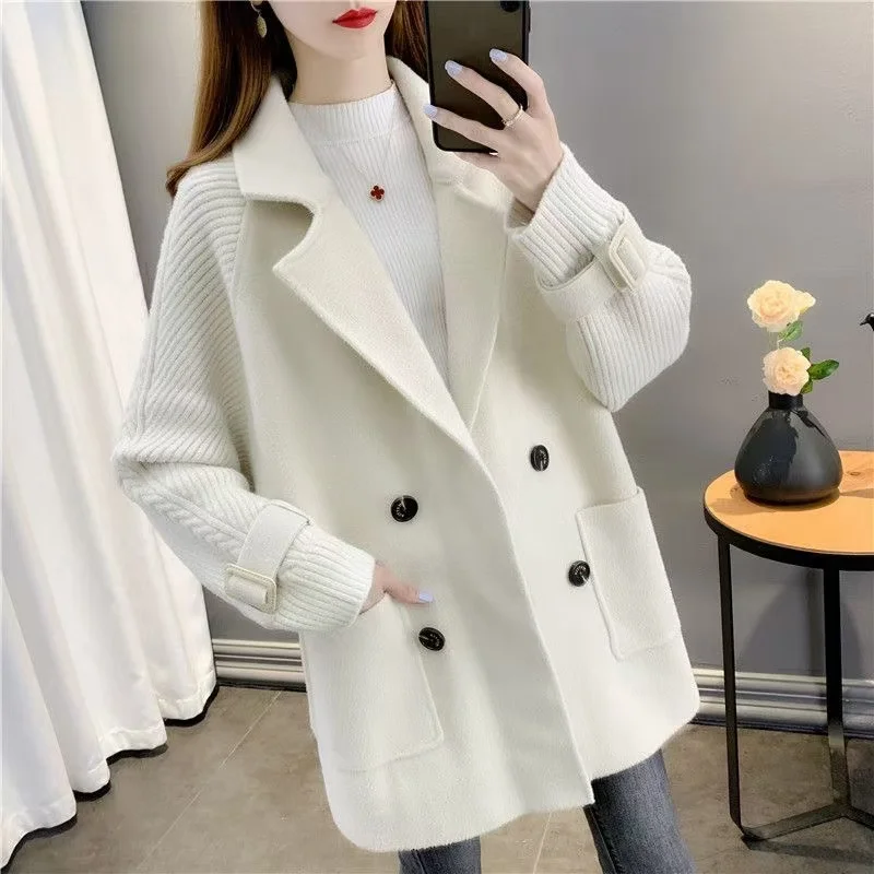 New Women's Double Tweed Jacket Long Overcoat Loose Knit Cardigan Woolen Windbreaker Coat Autumn and Winter Korean Style