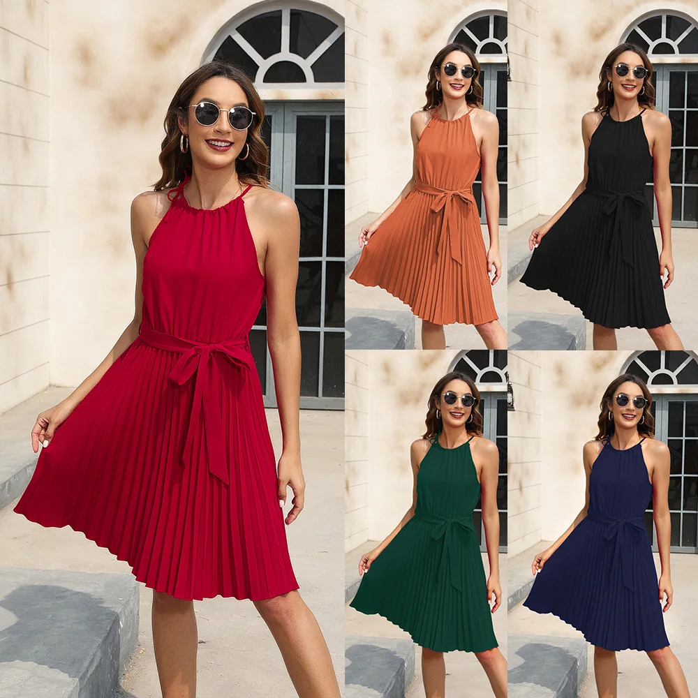 

Spring Summer New Pure Color Waist-Cinching Strap Dress Evening Party Gown V-Neck Skirt High Waist A-Line Midi Dress