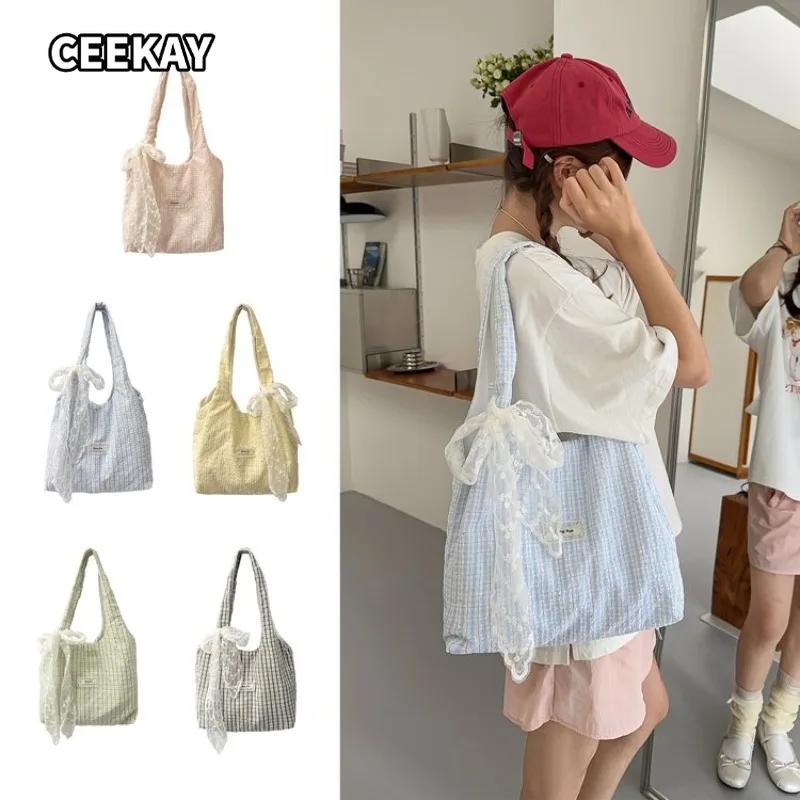 

CEEKAY Women's Tote Bag Light Blue Plaid Canvas Large Shoulder Handbag Lace Bow Detail Daily Commute Casual Sweet Fashion