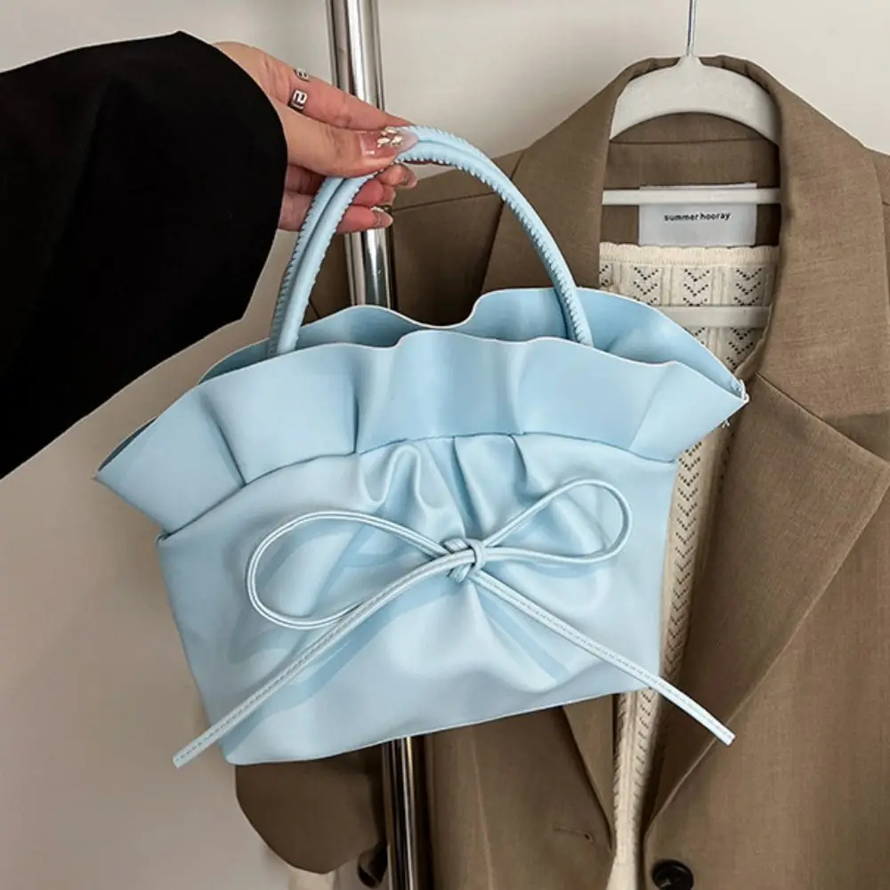 

Портативная милая сумка через плечо из искусственной кожи, элегантная большая вместительная сумка через плечо с бантом, однотонная французская сумка с оборками, дорожная сумка