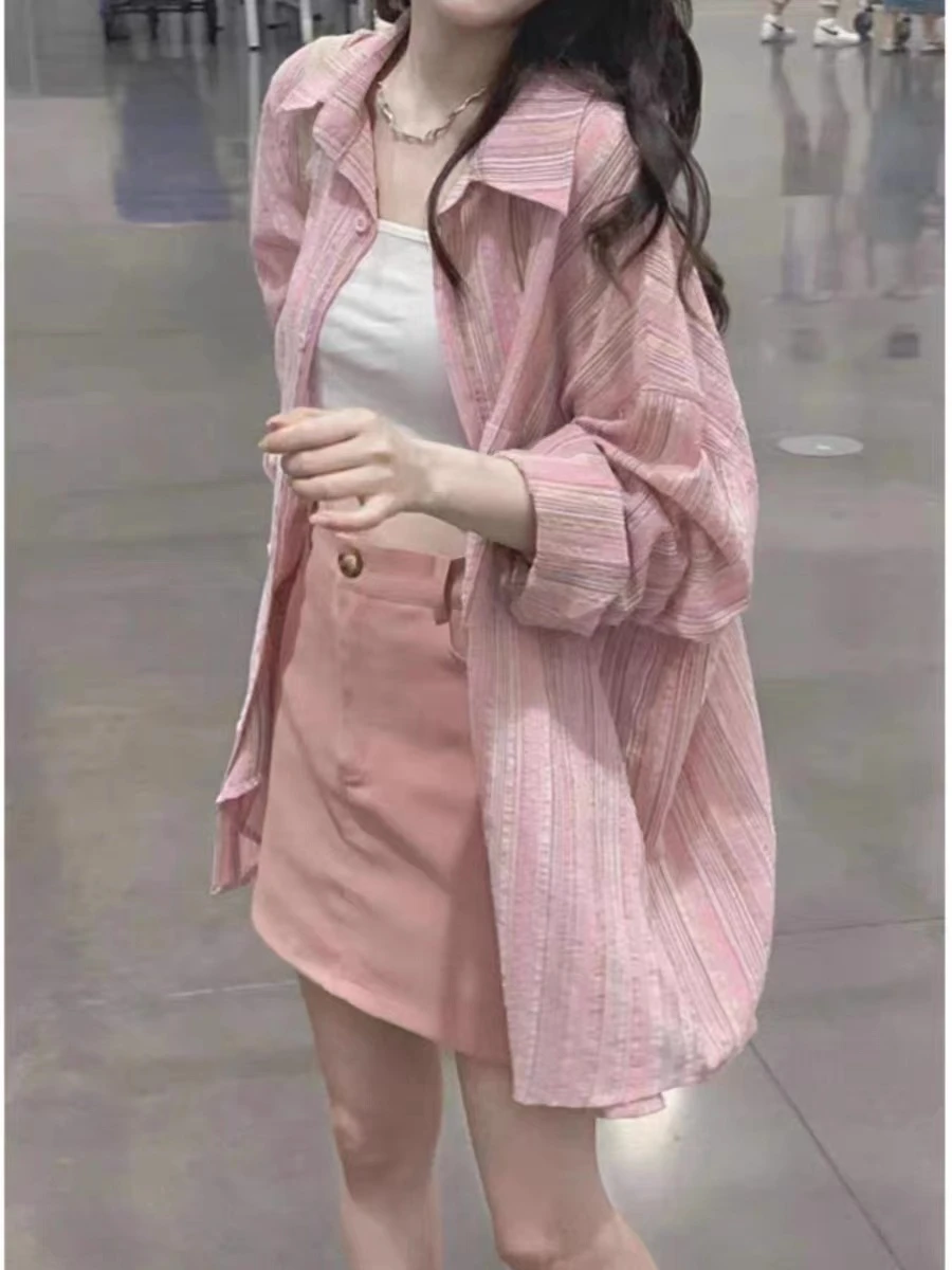 2024 New Arrival Spring Women Loose Turn-down Collar Long Sleeve Blouse Casual Single Breasted Korean Style Striped Shirts V914