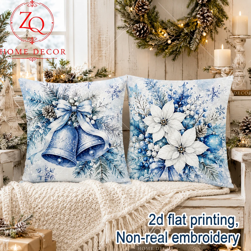 Blue Christmas Jingle Bell Peach Skin Throw Pillow Case 2D Flat Printed Poinsettia Cushion Cover For Living Room Sofa Home Decor