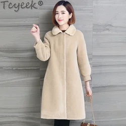 Tcyeek 100% Wool Jacket Fashion Sheep Shearling Coat Winter Jackets for Women Mid-length Women's Fur Coat Warm Mink Fur Collar