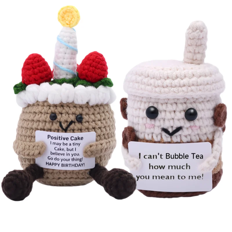 

Creative Handmade Crochet Cake Milk Tea Cup Figurines with Positive Energy Card Knitting Wool Dolls Desktop Ornament Home Decor