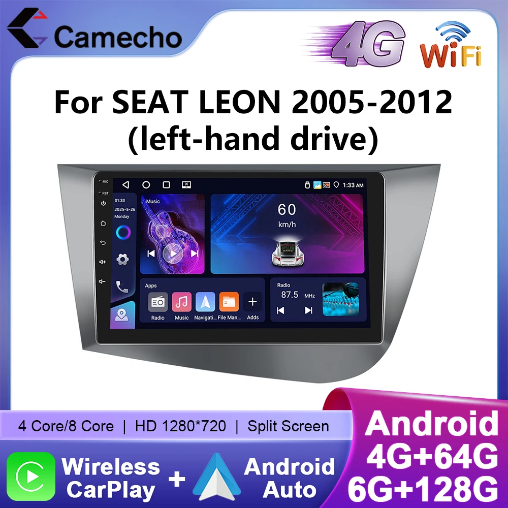 Camecho 6 + 128G Auto Radio Für SEAT LEON 2005-2012 (LHD) drahtlose CarPlay Android Auto Auto Intelligente Systeme 2 Din Autoradio GPS