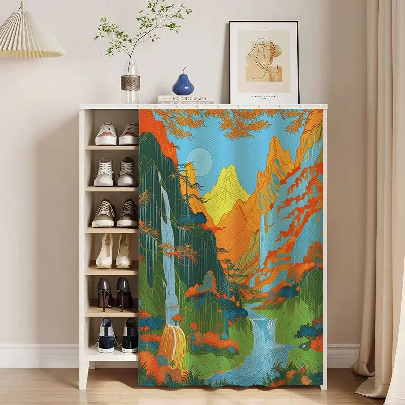 VIKAMA Ukiyo-e Landscape Cabinet Curtain Easy Install Velcro Dust Proof Storage Shelf Curtain for Kitchen Home Decor