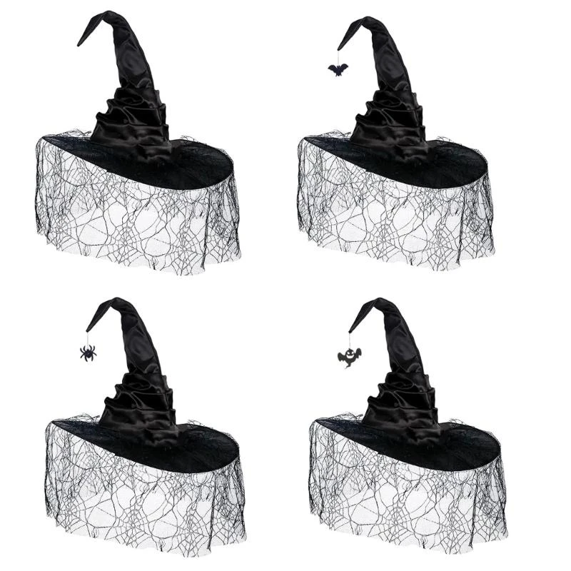 Q39C Women Witch Caps Wizard Hat Cosplay Party Headwear Halloween Costume Hat Carnivals Party Pointed Hat with Mesh Spiderweb