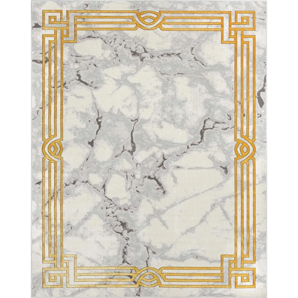 Well Woven Fairmont Collection Huntington Grey Gold & Ivory Marble Border Elegant & Soft 9x13 Area Rug Perfect for Bedroom