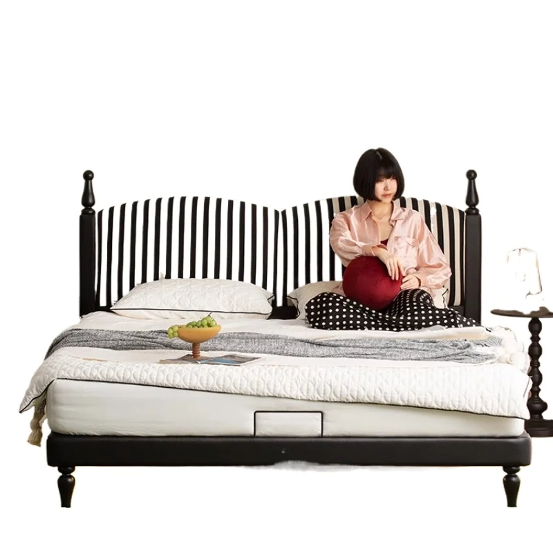 

Zebra pattern black and white bed American antique leather bed master bedroom modern simple 2025 new family solid wood bed