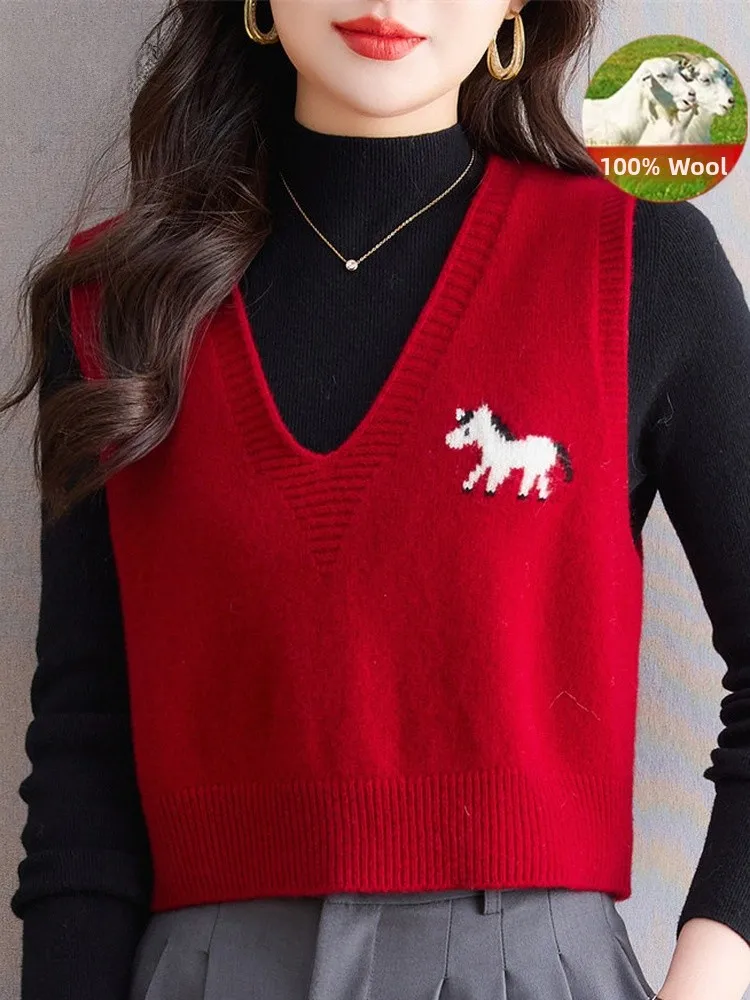 

Женский вязаный жилет из 100% чистой шерсти с V-образным вырезом, модный, с вышивкой, повседневный, дышащий, утепленный