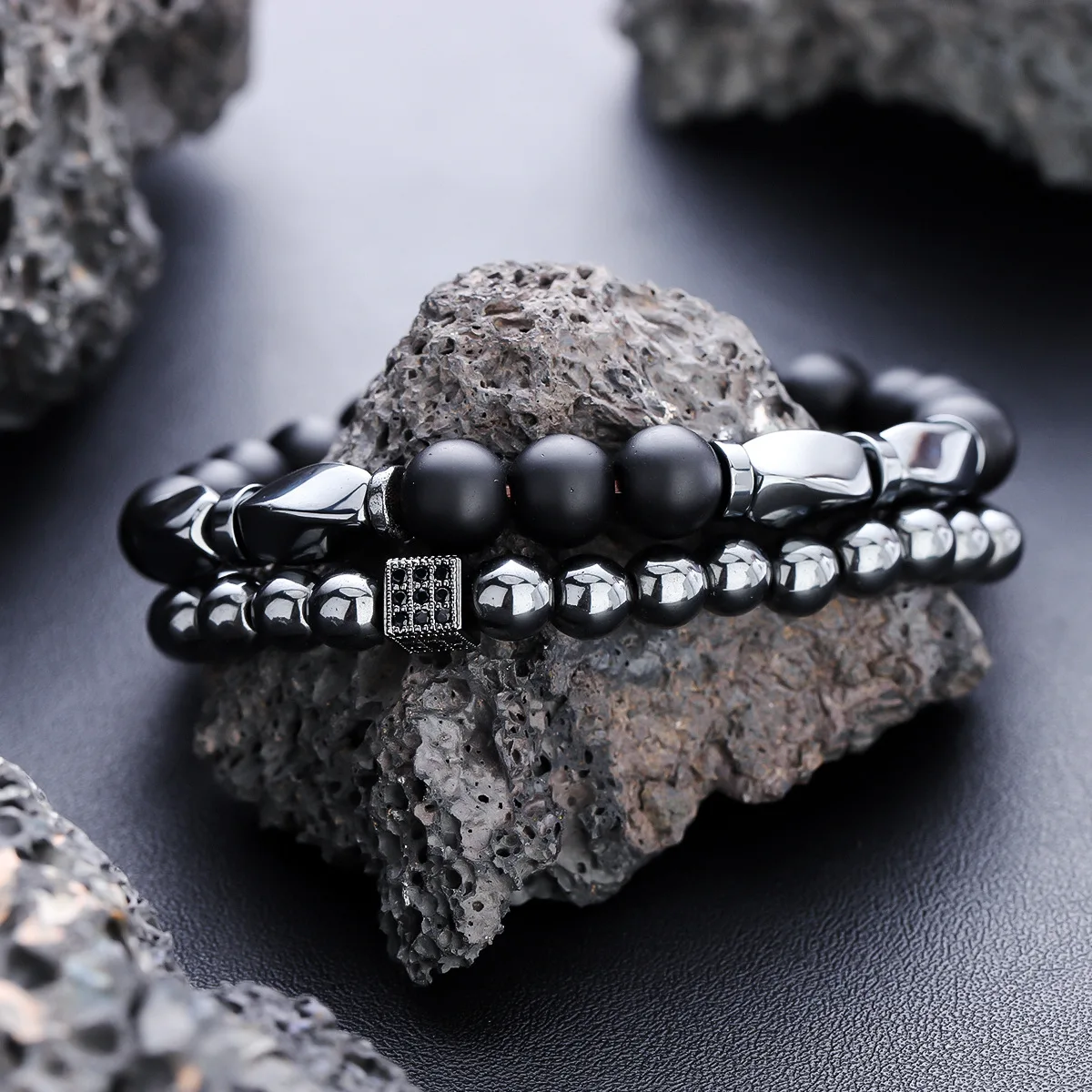 Retro-Armband mit schwarzen Gallensteinperlen, schlicht, unregelmäßig, gedreht, elastisch, Herrenarmband, Hip-Hop, trendiger Schmuck, Modeaccessoires – Detail 5