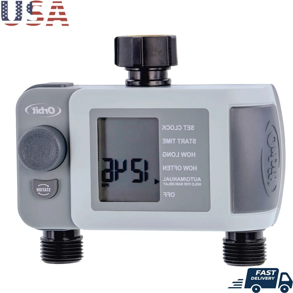 

2 Outlet Programmable Digital Irrigation Timer Outdoor Hose Faucet Watering System Large LCD Display Rain Delay Watering Control